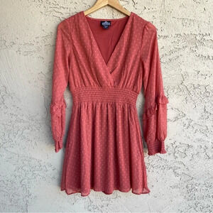 Angie Women's Sunset Coral Swiss Dot Ruffle Boho Short Mini Dress Size Medium